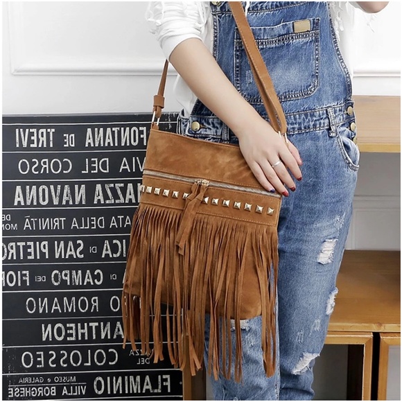 Boho Vegan Suede Fringe Shoulder Crossbody Bag - Picture 1 of 11